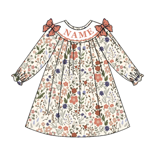 Girls Fall Custom Name Embroidery Smock Floral Dress & Bubble