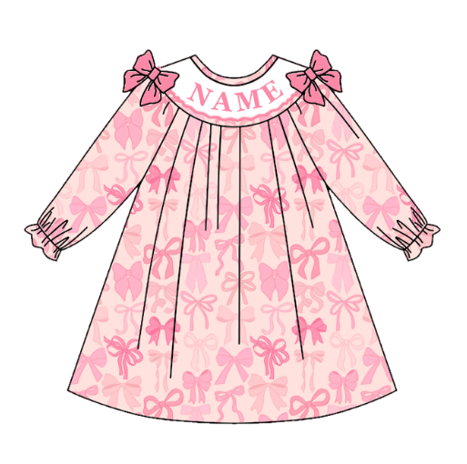 Girls Fall Custom Name Embroidery Smock Pink Bow Dress & Bubble