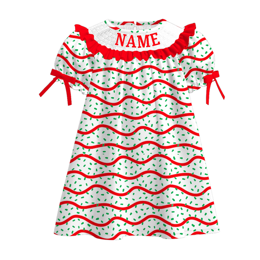 Kids Christmas Stripes Custom Name Red Green Dress & Romper