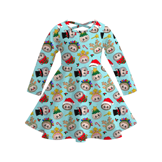 Girls Labubu Themed Fashion Print Long Sleeves Twirl Dress