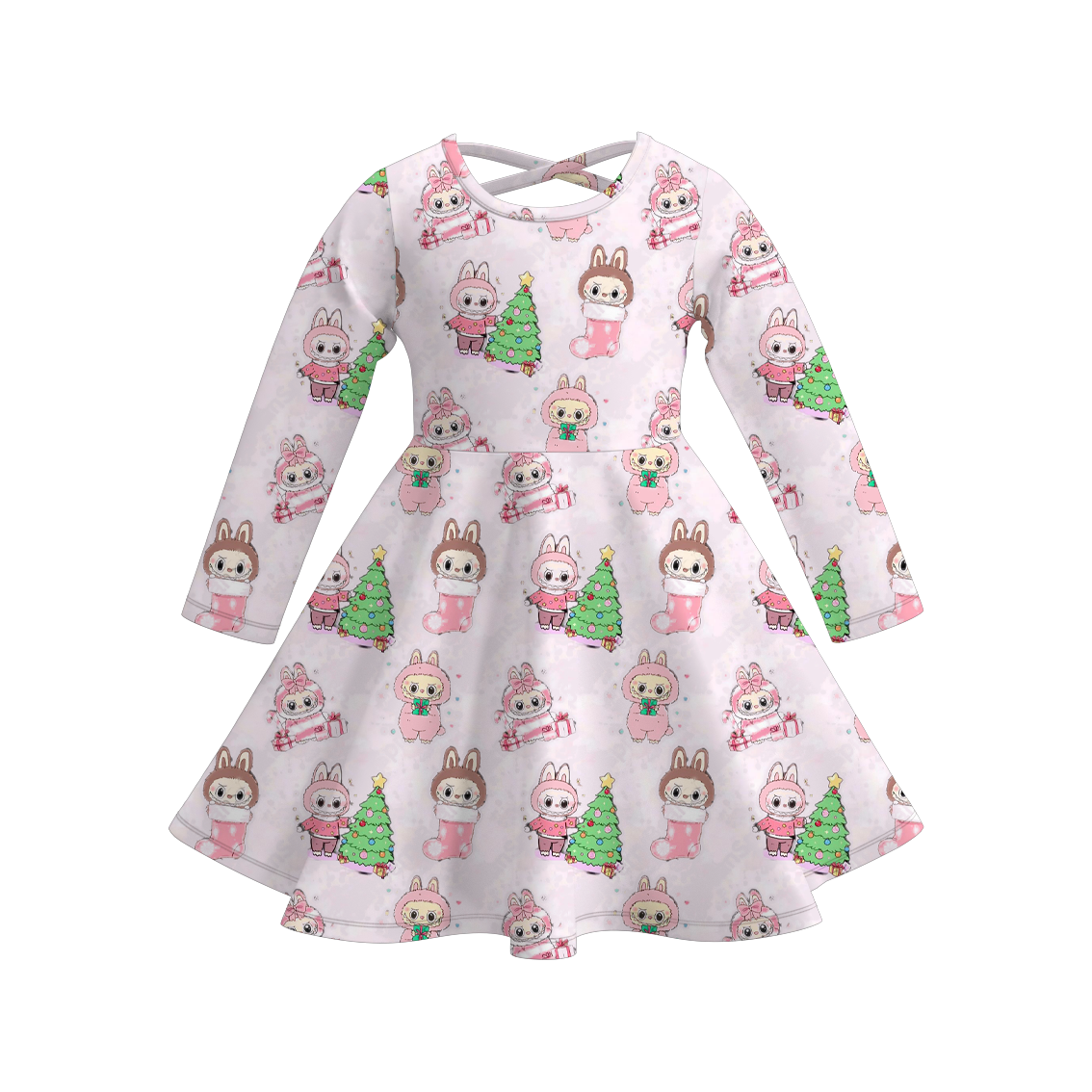 Girls Labubu Themed Fashion Print Long Sleeves Twirl Dress