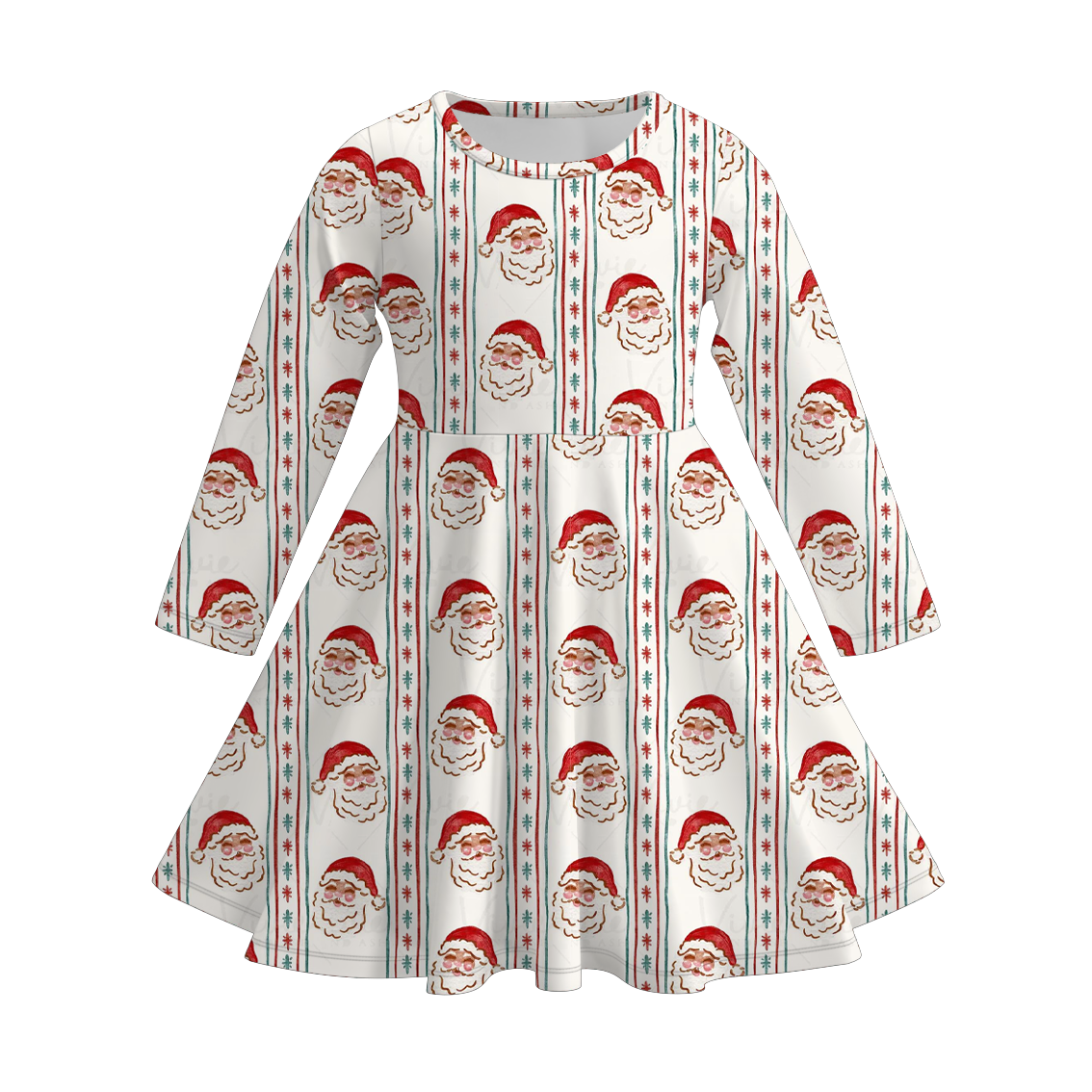 Girls Christmas Santa Print Soft Long Sleeves Twirl Dress