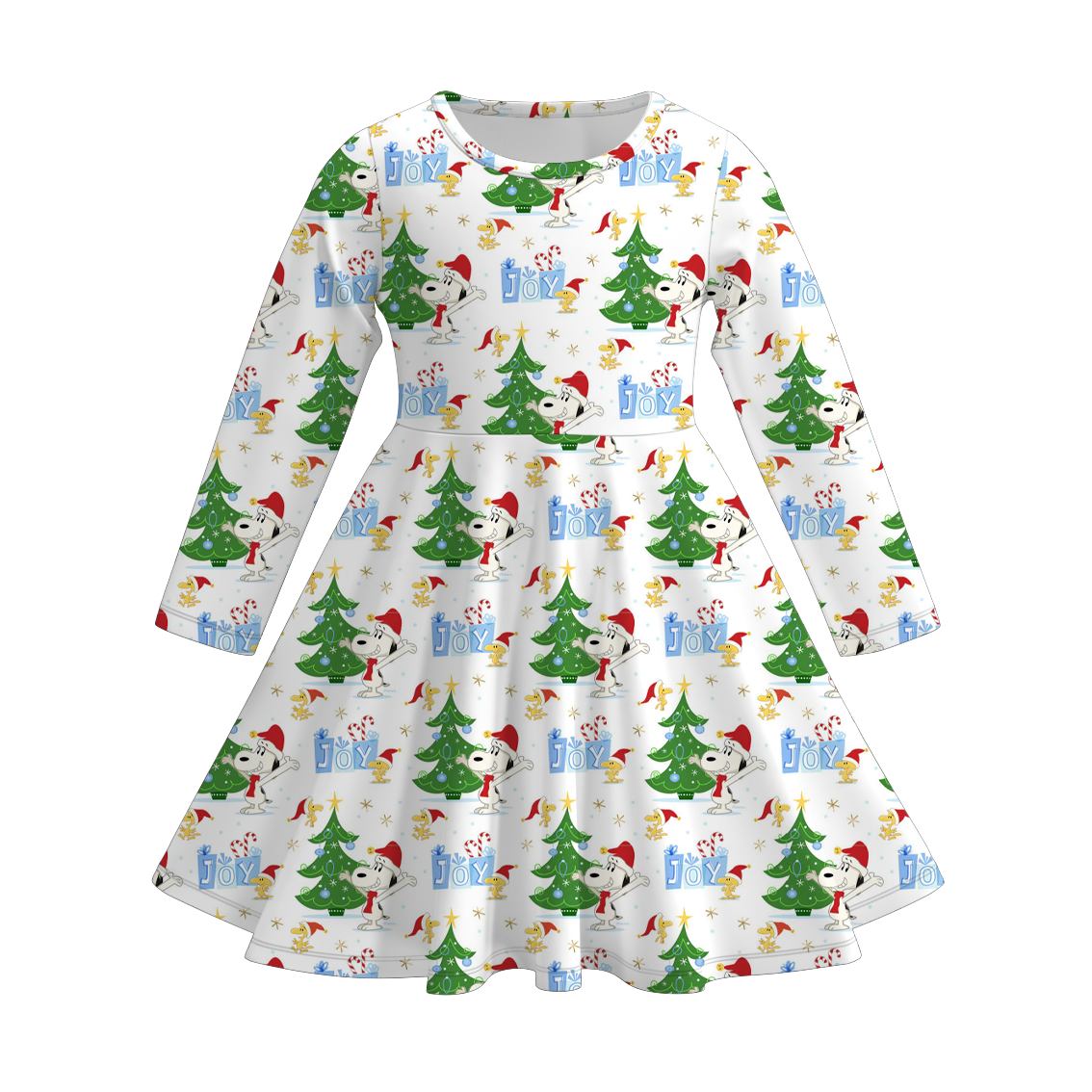 Girls Christmas Tree Joy Print Soft Long Sleeves Twirl Dress
