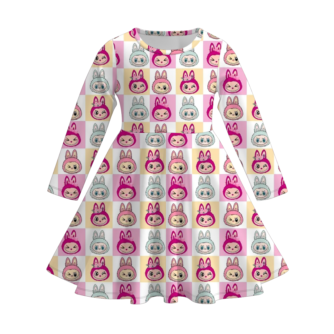Girls Christmas Cartoon Plaid Print Soft Long Sleeves Twirl Dress
