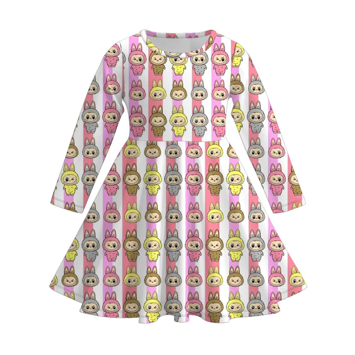 Girls Christmas Cartoon Pink Print Soft Long Sleeves Twirl Dress