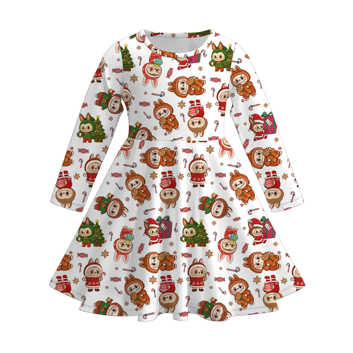 Girls Christmas Cartoon Print Soft Long Sleeves Twirl Dress