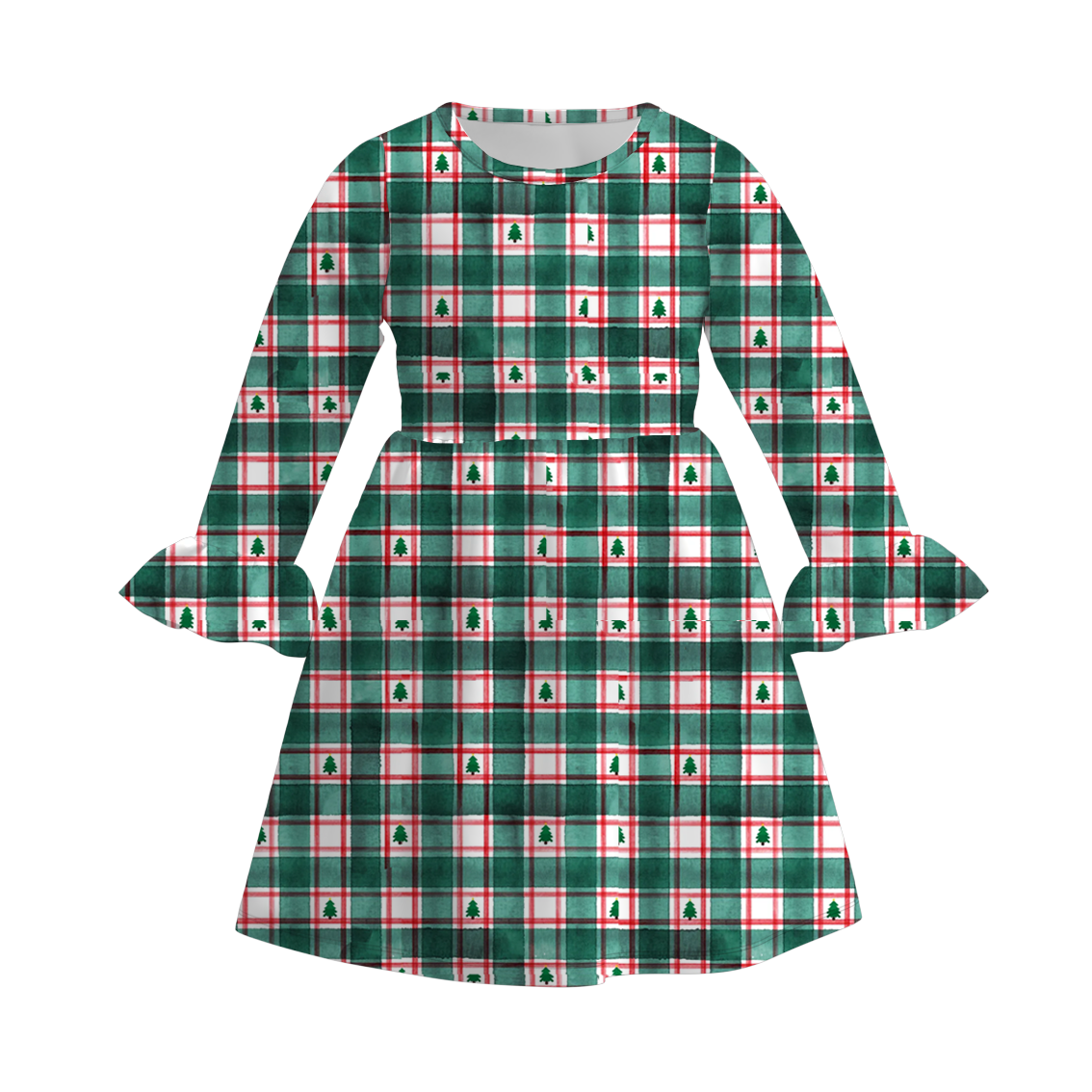 Girls Christmas Green Red Plaid Print Soft Long Sleeves Twirl Dress