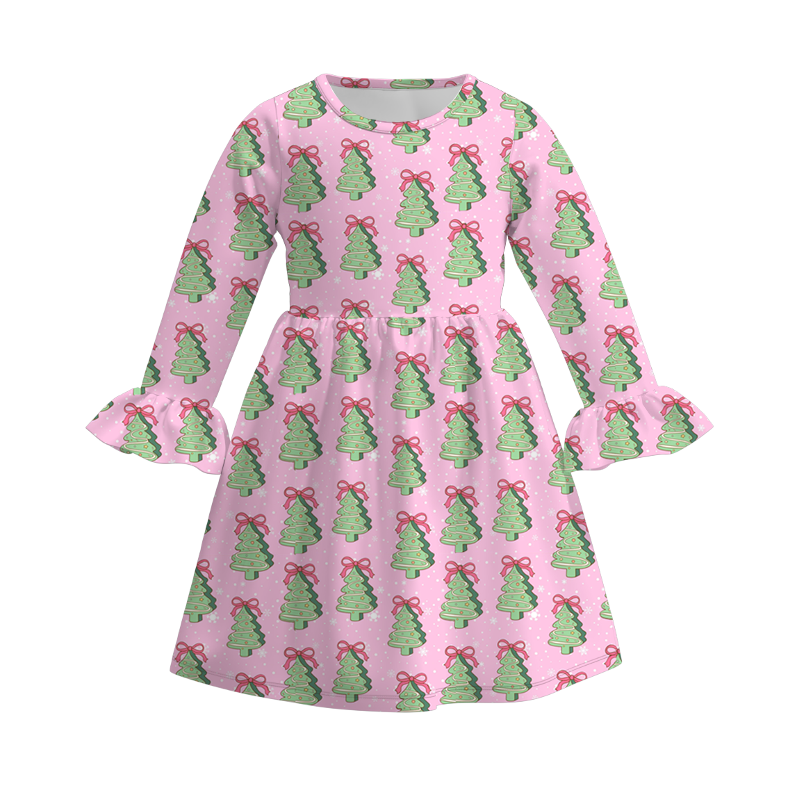 Girls Christmas Pink Tree Print Soft Long Sleeves Twirl Dress