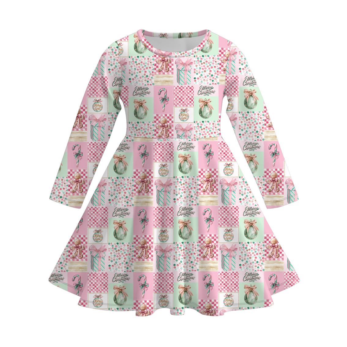 Girls Christmas Gingerbread Print Soft Long Sleeves Twirl Dress