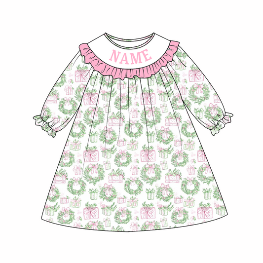 Baby Girls Christmas Custom Name Floral Embroidery Smock Outfits