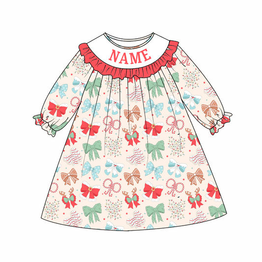 Baby Girls Christmas Custom Name Red Green Bow Embroidery Smock Outfits