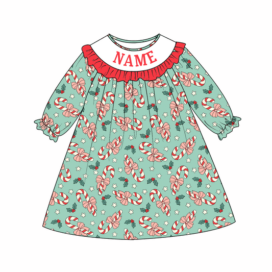 Baby Girls Christmas Custom Name Candy Cane Embroidery Smock Outfits