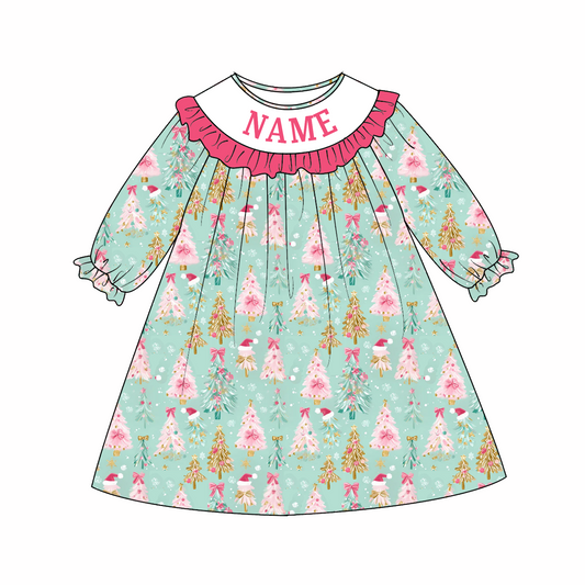 Baby Girls Christmas Custom Name Tree Embroidery Smock Outfits
