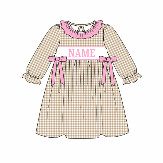 Kids Christmas CUSTOM NAME Embroidery Beige Plaid Sibling Clothes