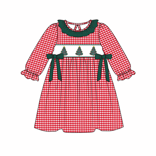 Christmas Smocked Collection – Red Gingham with Christmas Tree Embroidery