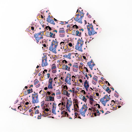 Girls Kpop Demon Hunter Pink Milk Silk Dress & Skirt Set