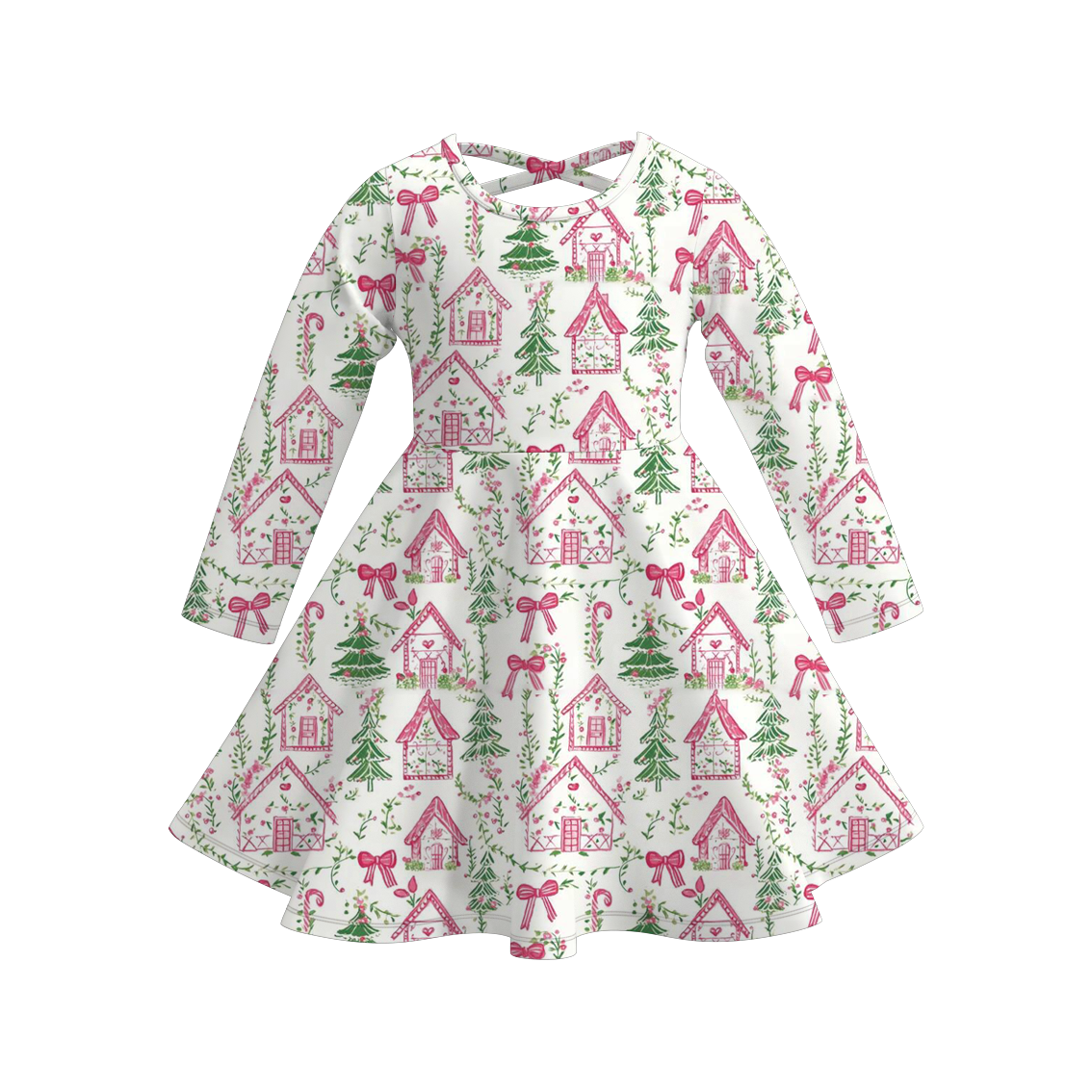 Christmas Long Sleeves Tree Gingerbread Candy Cane Print Dress For Girls