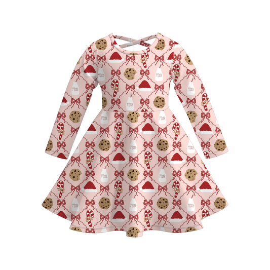 Christmas Long Sleeves Tree Gingerbread Candy Cane Print Dress For Girls