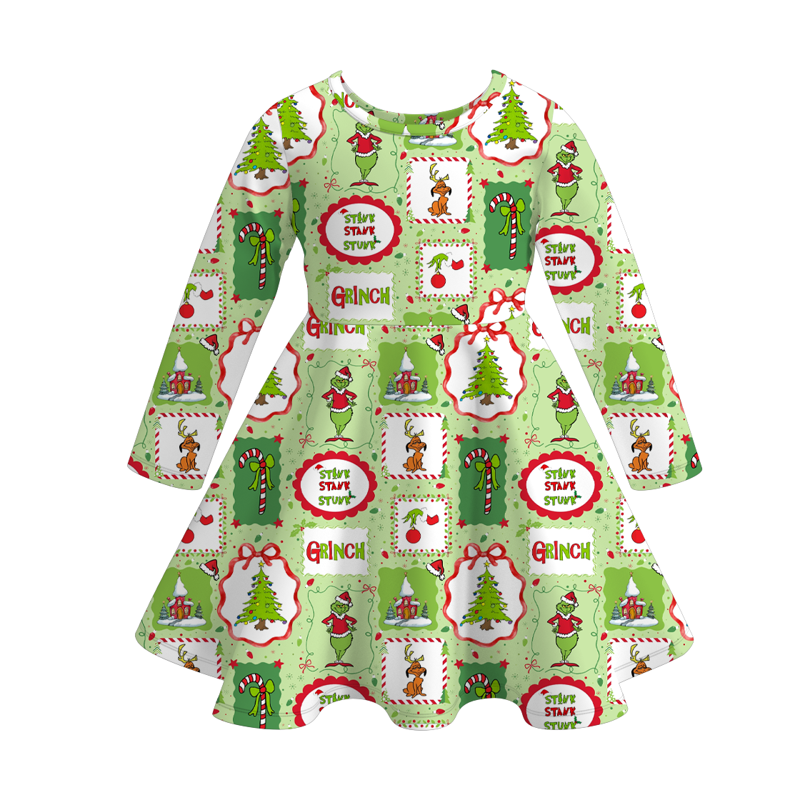 2025 Christmas Cartoon Grinch Print Soft Twirl Dress For Girls
