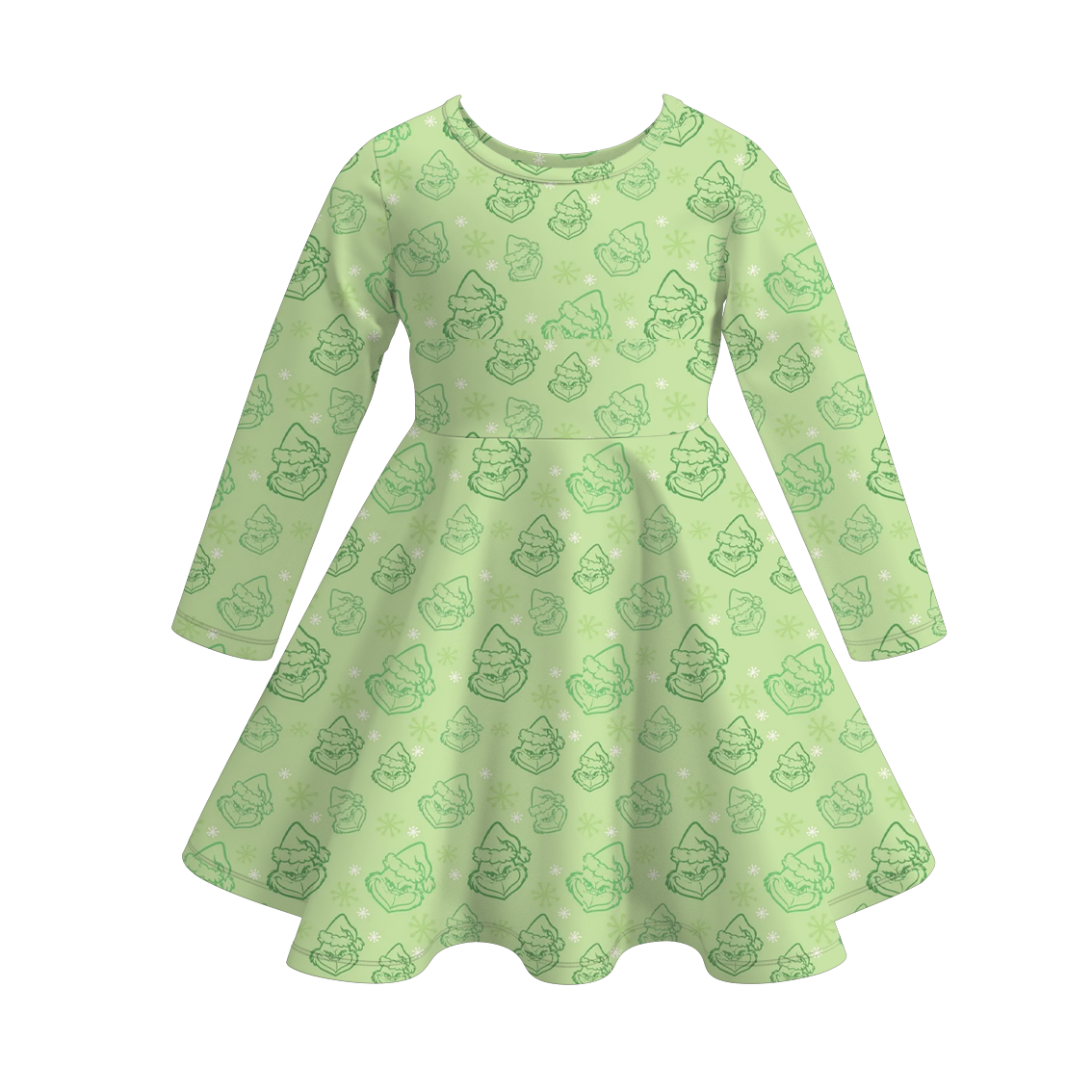 2025 Christmas Cartoon Grinch Print Soft Twirl Dress For Girls