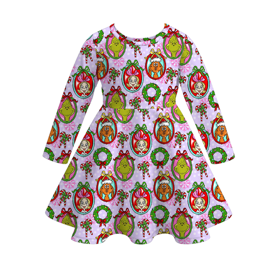 2025 Christmas Cartoon Grinch Print Soft Twirl Dress For Girls