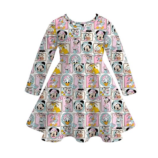 2025 Christmas Cartoon Snowman Print Soft Twirl Dress For Girls