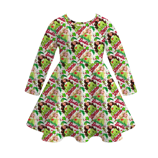 Girls 2025 Christmas Cartoon Snowman Print Soft Twirl Dress