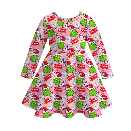 2025 Christmas Grinch Print Soft Twirl Dress For Girls