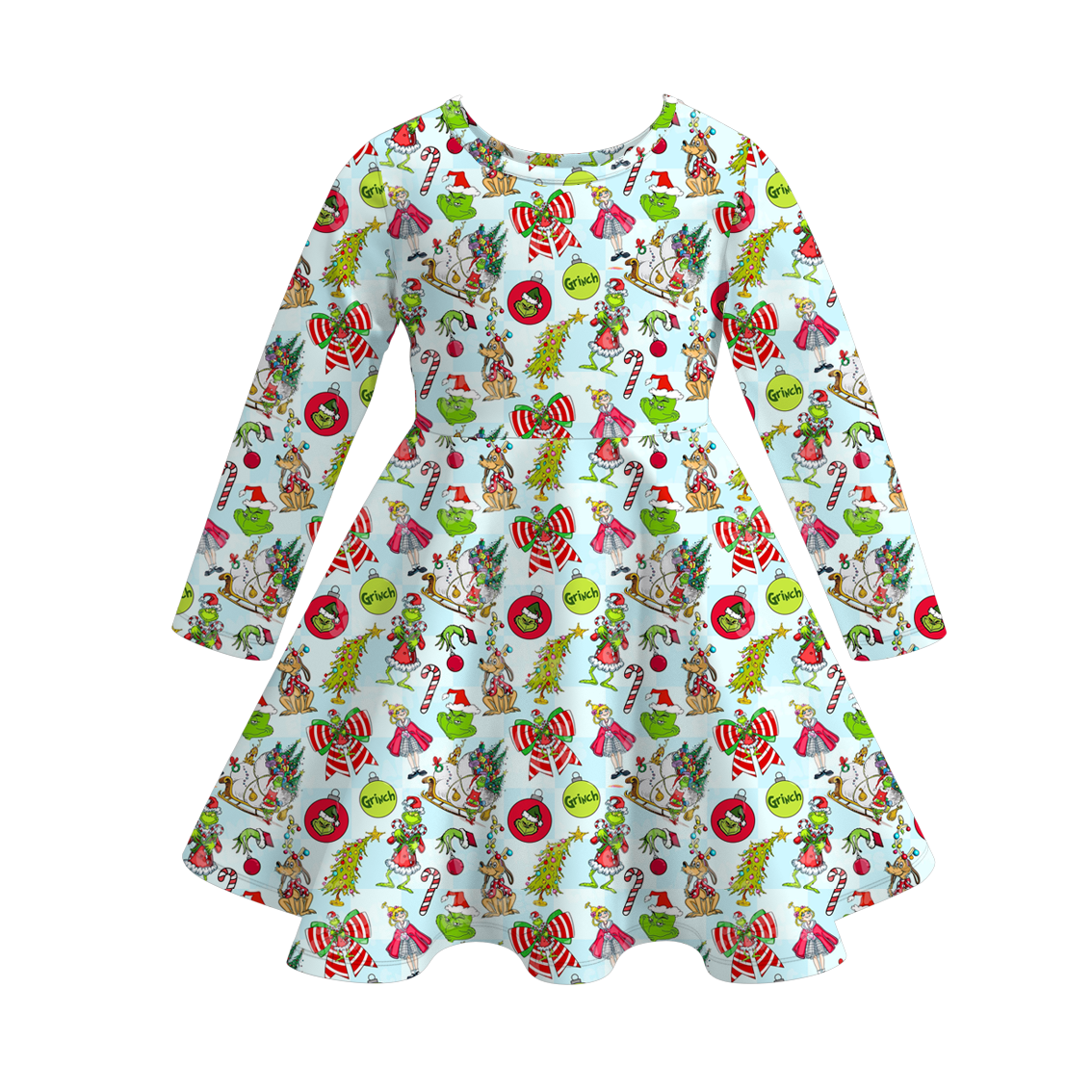 Girls Christmas Grinch Print Soft Long Sleeves Twirl Dress