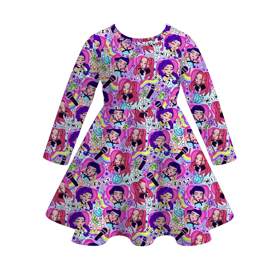 Girls Fashion Kpop Demon Hunter Print Long Sleeves Twirl Dress