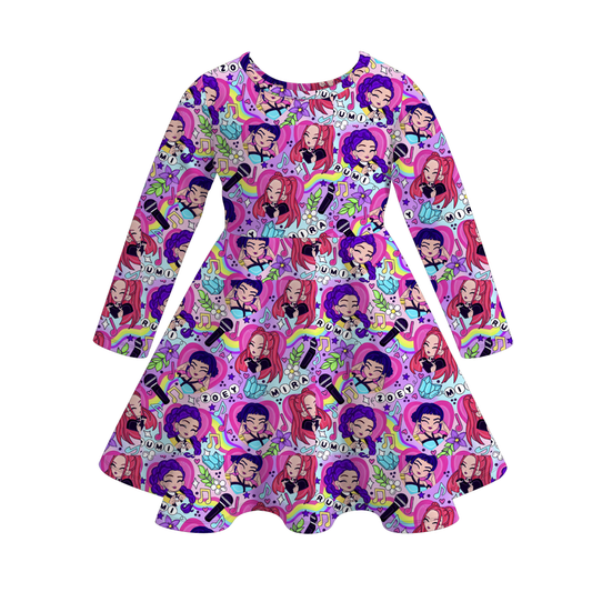 Girls Fashion Kpop Demon Hunter Print Long Sleeves Twirl Dress