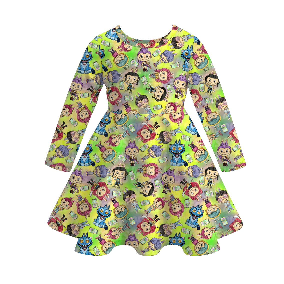 Girls Fashion Kpop Demon Hunter Print Long Sleeves Twirl Dress