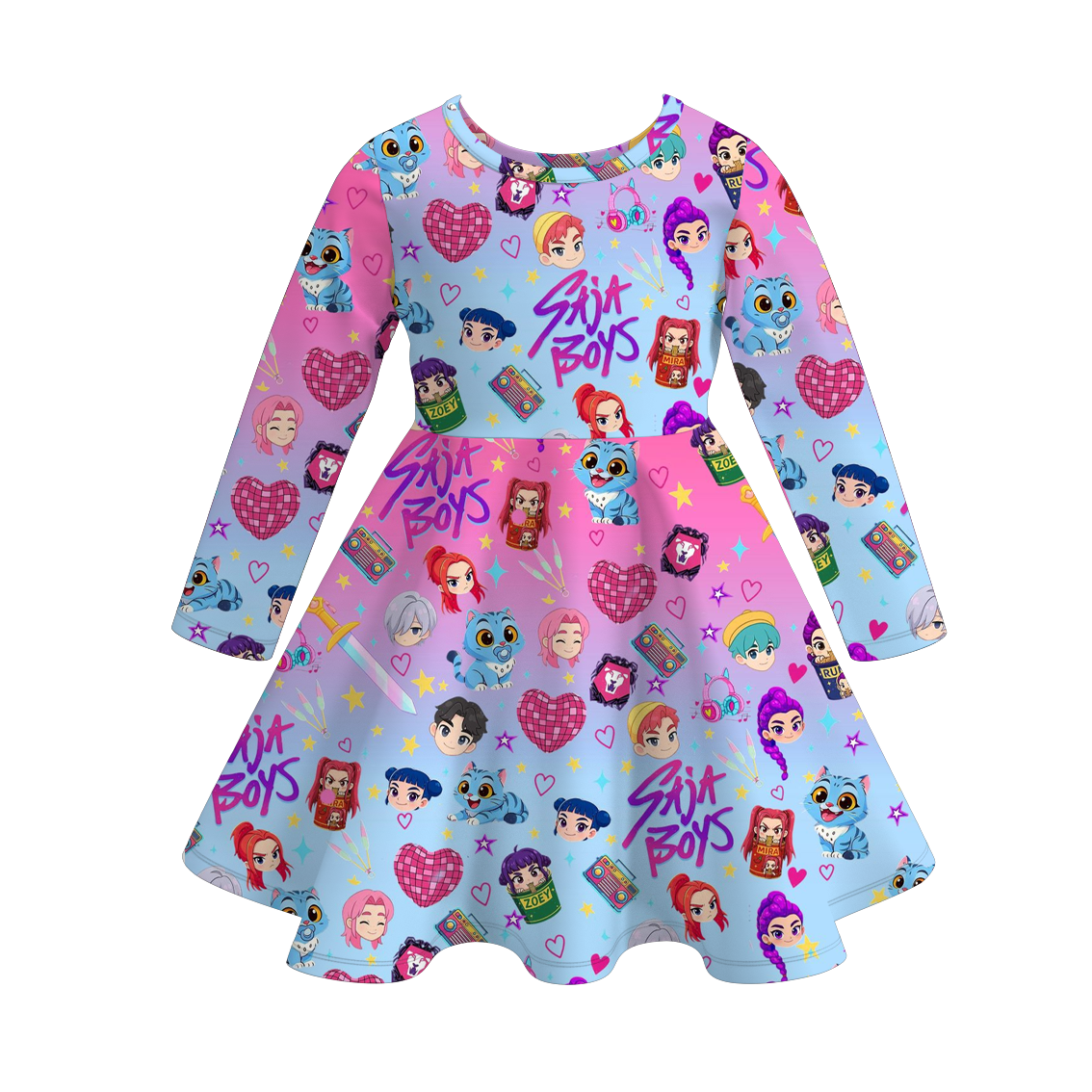 Girls Fashion Kpop Demon Hunter Print Long Sleeves Twirl Dress