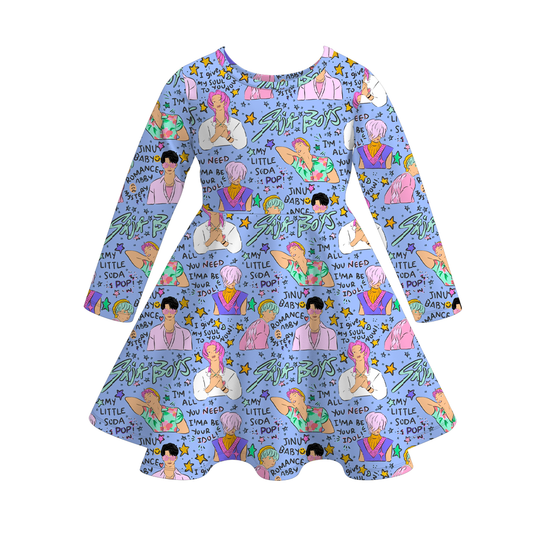 Girls Fashion Kpop Demon Hunter Print Long Sleeves Twirl Dress