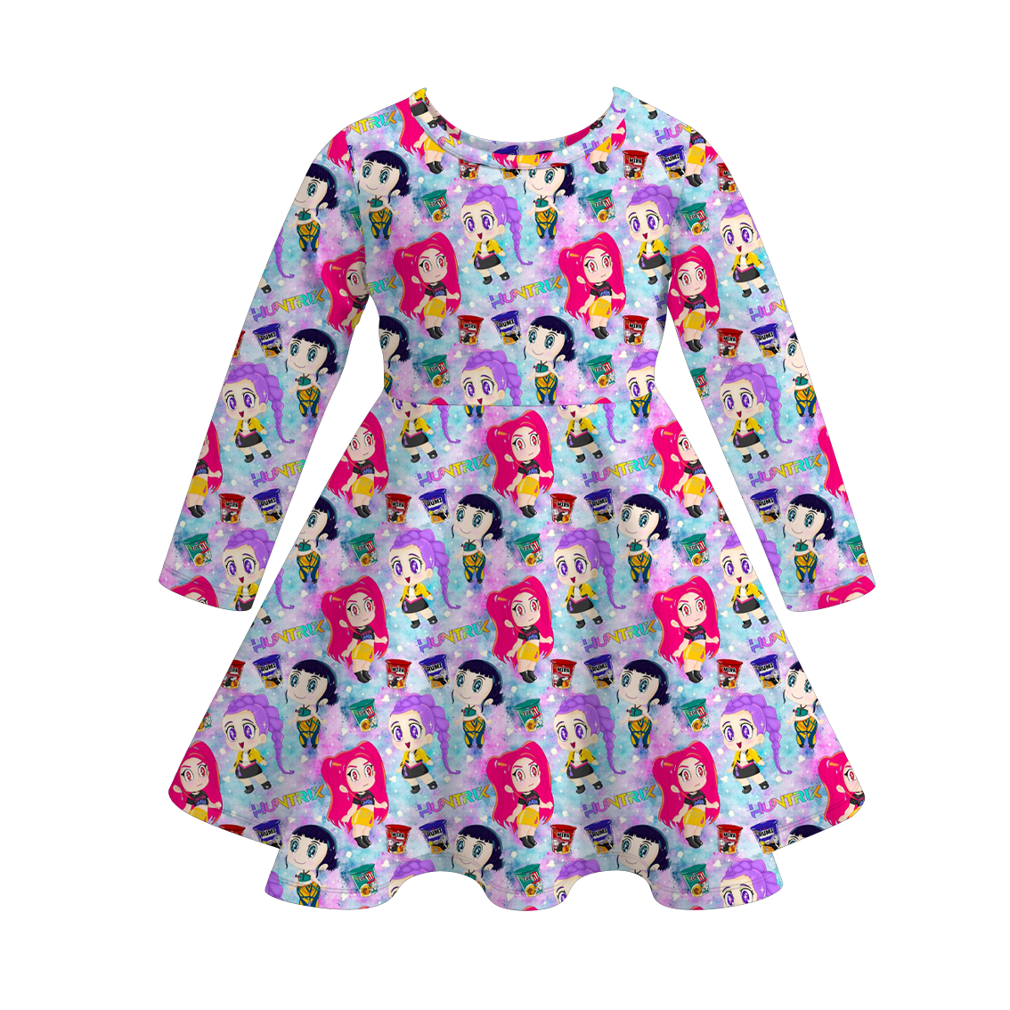 Girls Kpop Demon Hunter Print Long Sleeves Twirl Dress