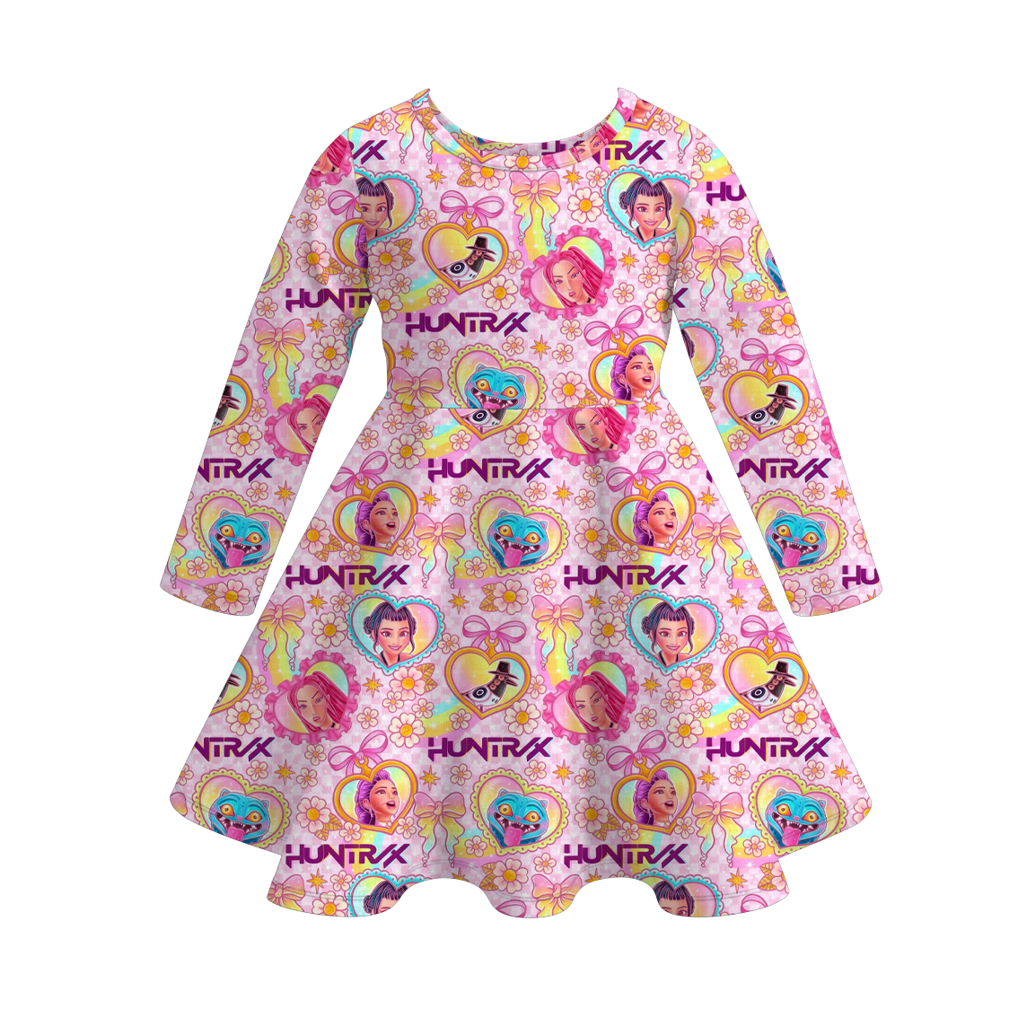Girls Kpop Demon Hunter Print Long Sleeves Twirl Dress