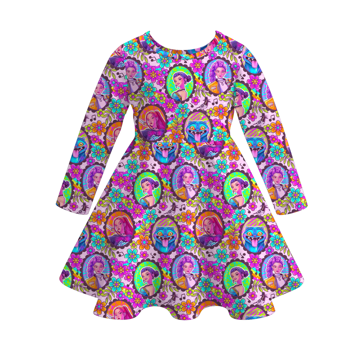 Girls Kpop Demon Hunter Print Long Sleeves Twirl Dress