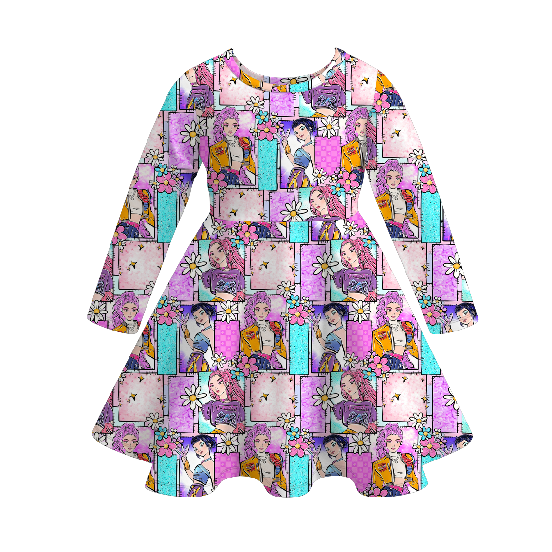 2025 Fall Kpop Demon Hunter Print Long Sleeves Twirl Dress