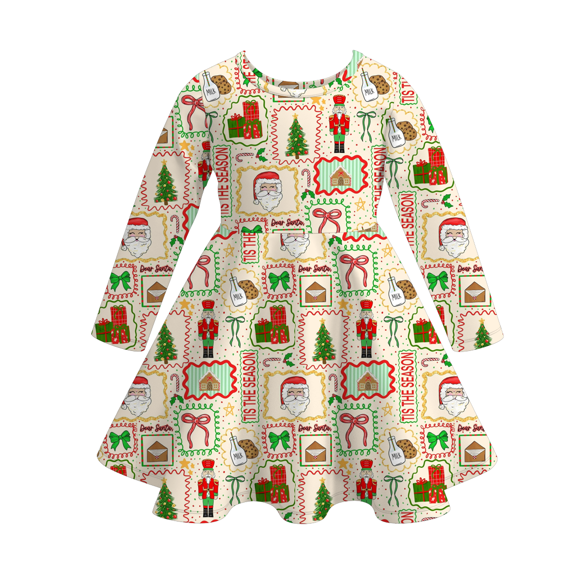 Girls Christmas Santa Tree Nutcracker Cartoon Long Sleeves Twirl Dress