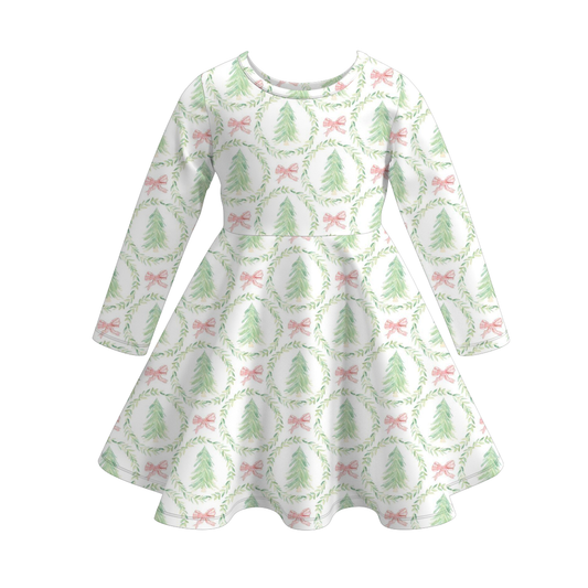 Girls Christmas Santa Tree Nutcracker Cartoon Long Sleeves Twirl Dress