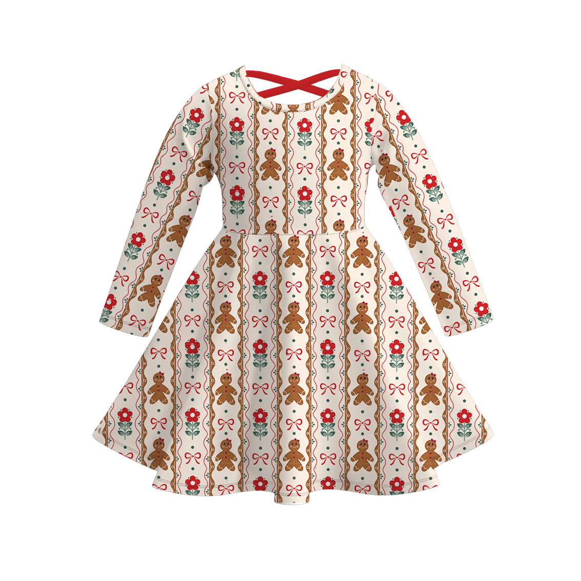 Girls Christmas Santa Gingerbread Long Sleeves Twirl Dress
