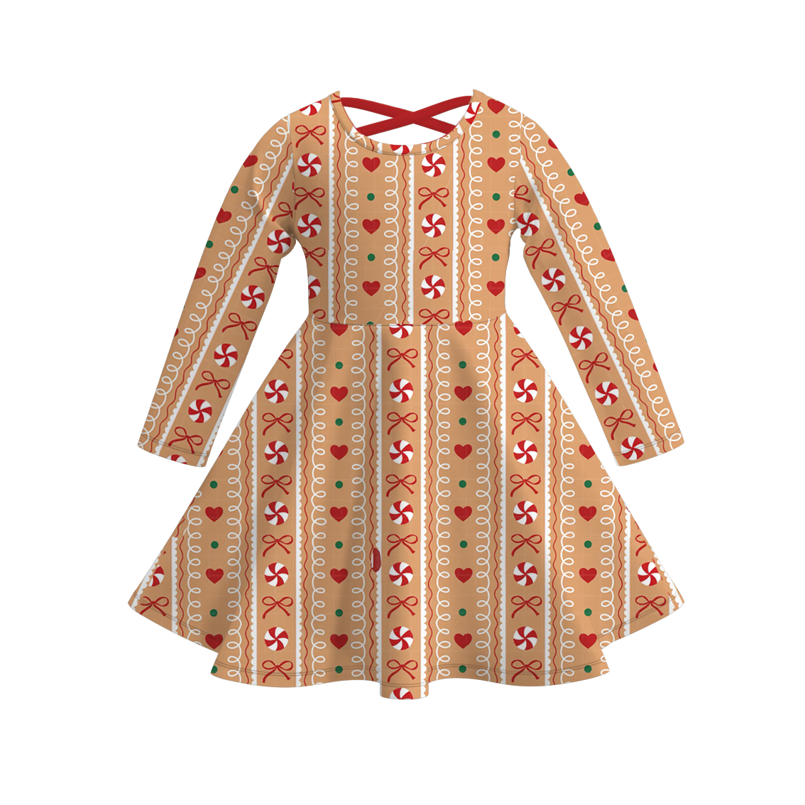 Girls Christmas Santa Gingerbread Long Sleeves Twirl Dress