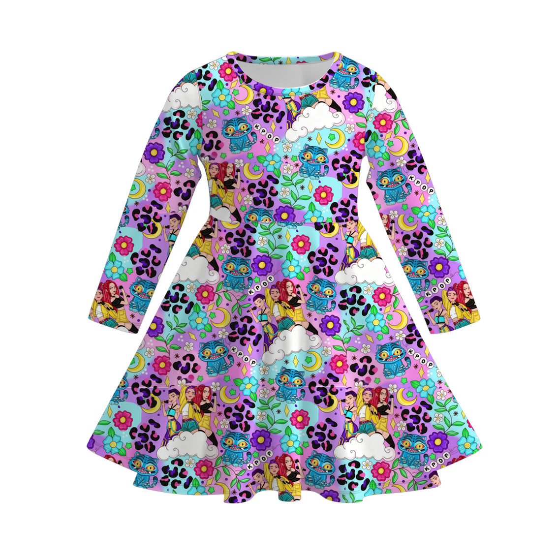 Kpop Demon Hunter Print Long Sleeves Girls Twirl Dress