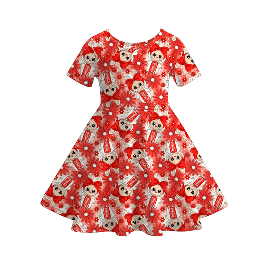 Girls Spring Summer LABUBU Print Short Sleeves Twirl Dress