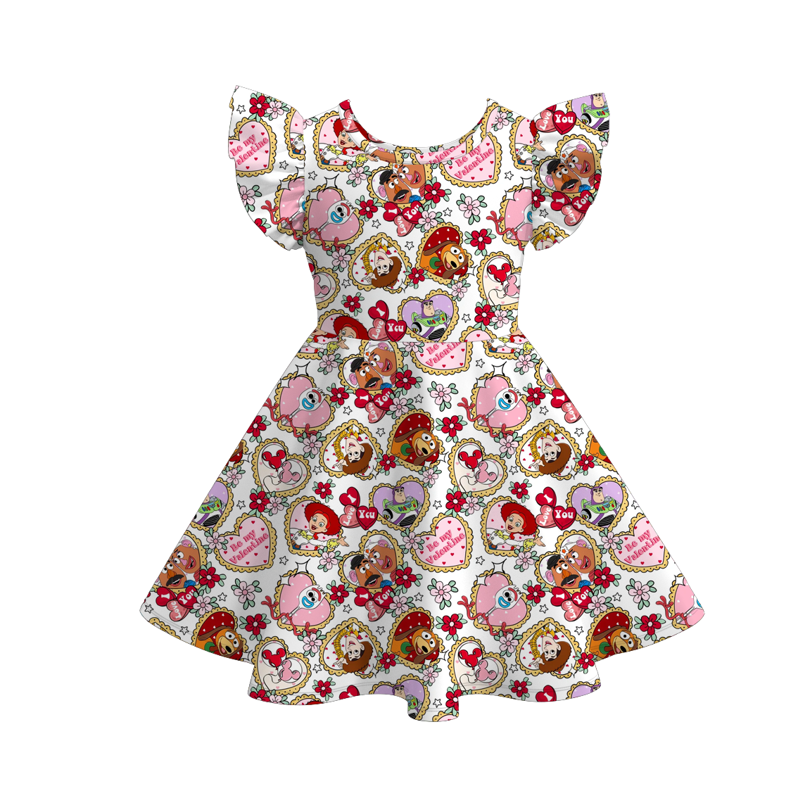 Girls Valentine's Day Cartoon Heart Print Short Sleeves Twirl Dress