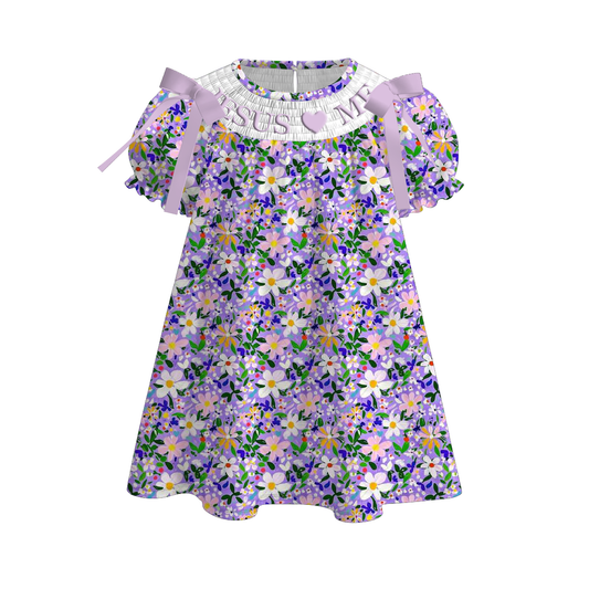 Summer JESUS LOVE ME Smock Embroidery Purple Floral Girls Dress & Romper