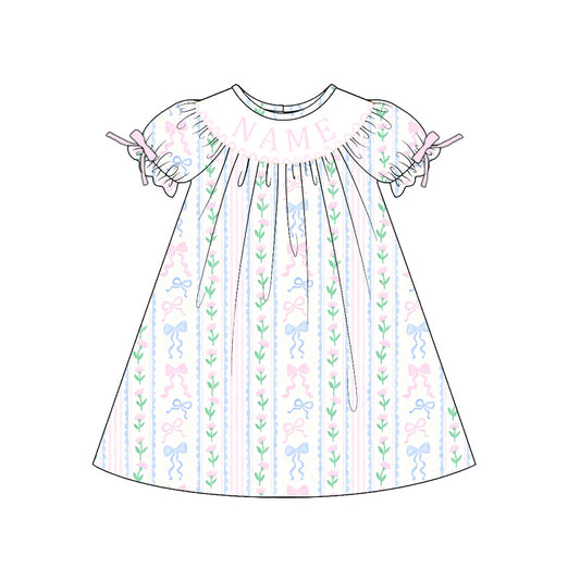 Summer Blue Pink Bow Custom Name Embroidery Smock Outfits