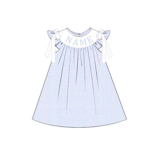 Summer Blue Plaid Custom Name Embroidery Smock Outfits