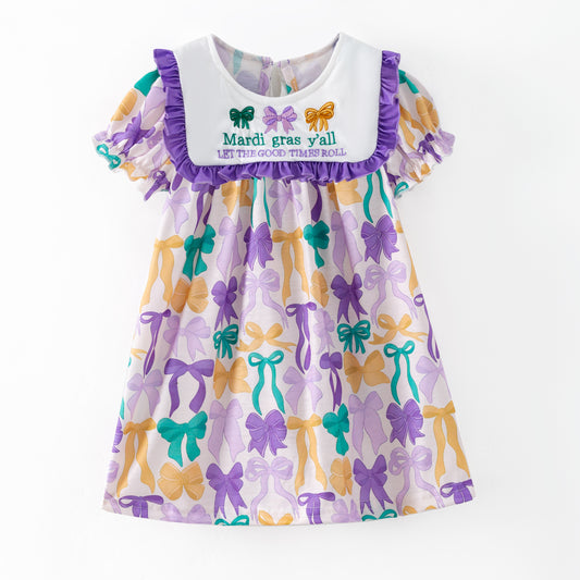 Mardi Gras Purple Green Yellow Bows Embroidery Dress & Romper