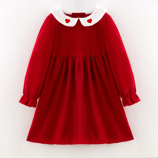 Red Corduroy V-days Sibling Clothes – Heart Embroidery